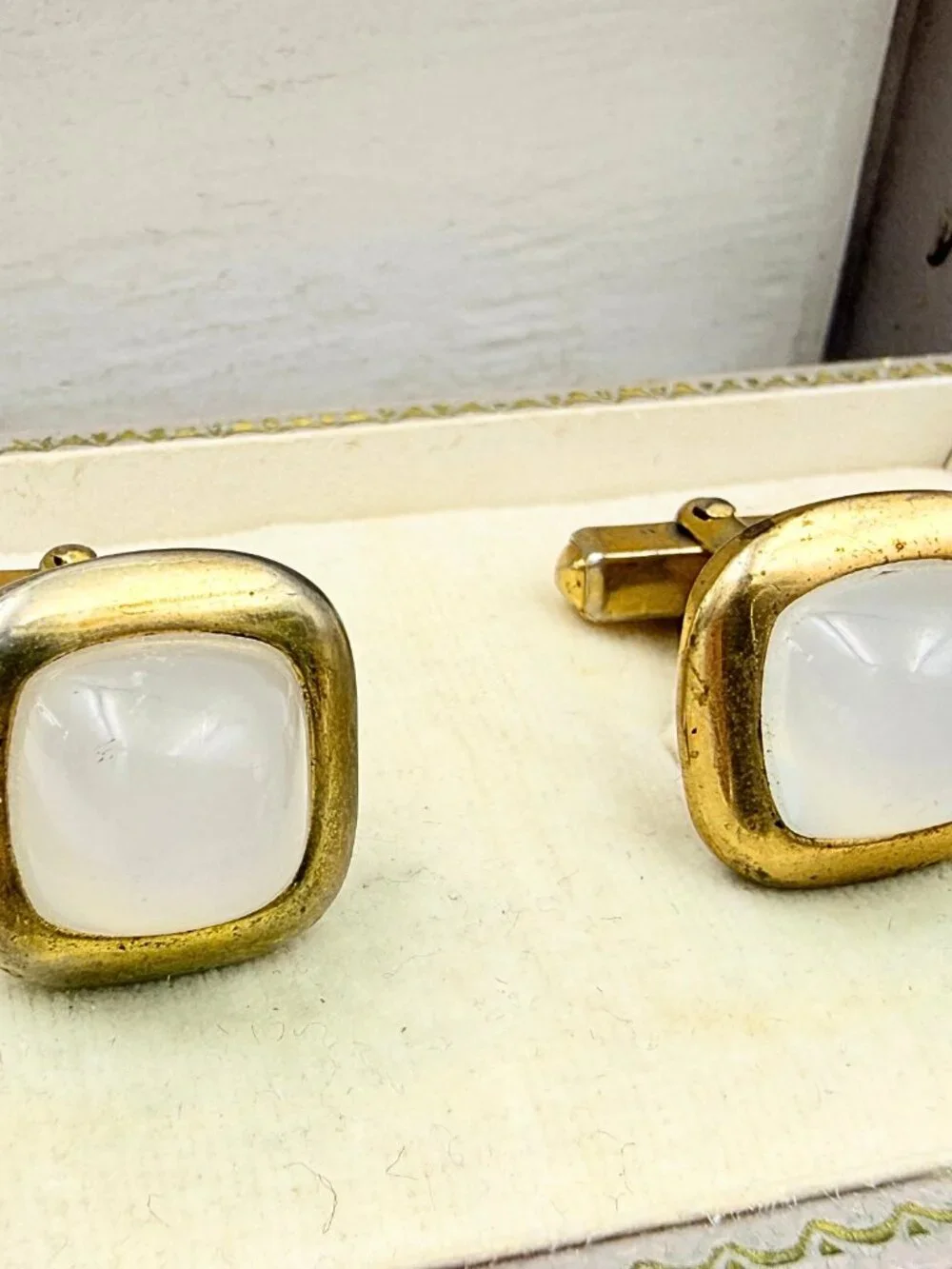 Antique Art Deco Anson Sugarloaf Opalite Gold Tone Cufflinks